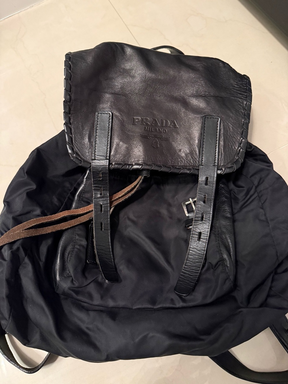 Prada backpack Black Leather Strap and Nylon Interior Detail